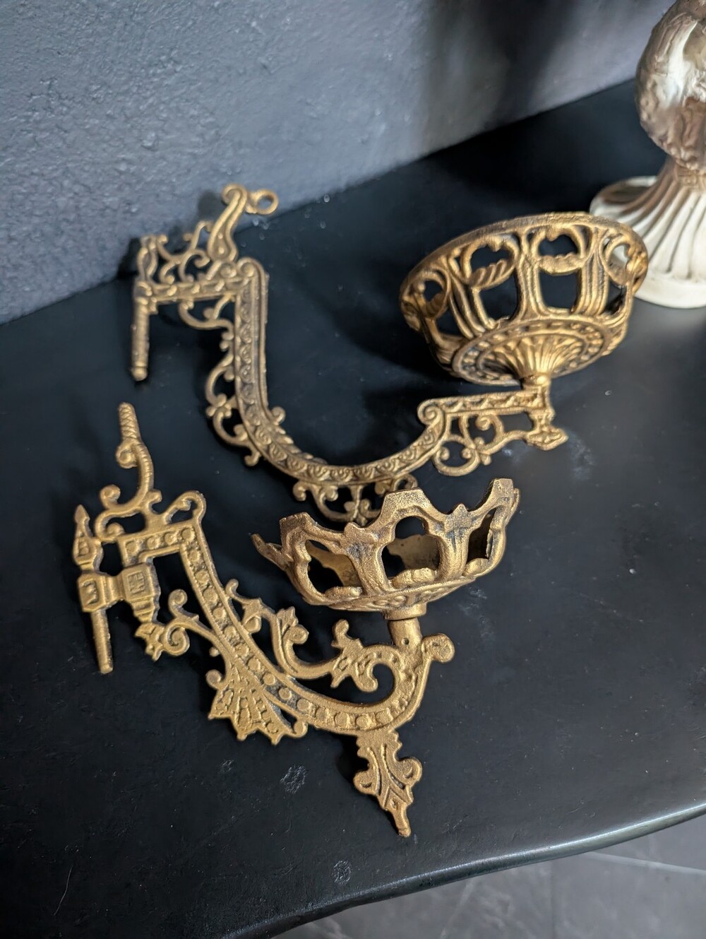 Antique, Set of 2, gold-waxed cast iron wall-mounted swing Candle/ Oil brackets,